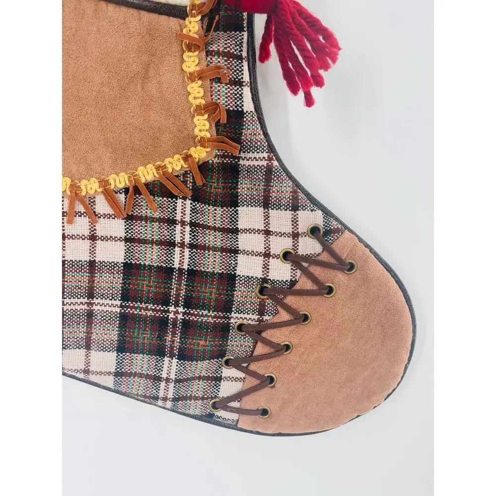 Western Plaid Christmas Stocking 3D Snowman Lace Up Faux Leather Country Folk